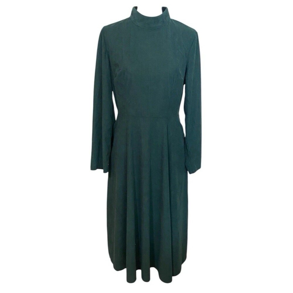 Vtg Dark Forest Green Corduroy Maxi Dress Modest Cottagecore Prairie Goth Sz L